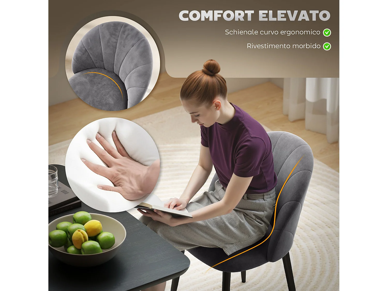 Set 2 sedie da pranzo vellutate in stile nordico 52x54x79 cm grigio