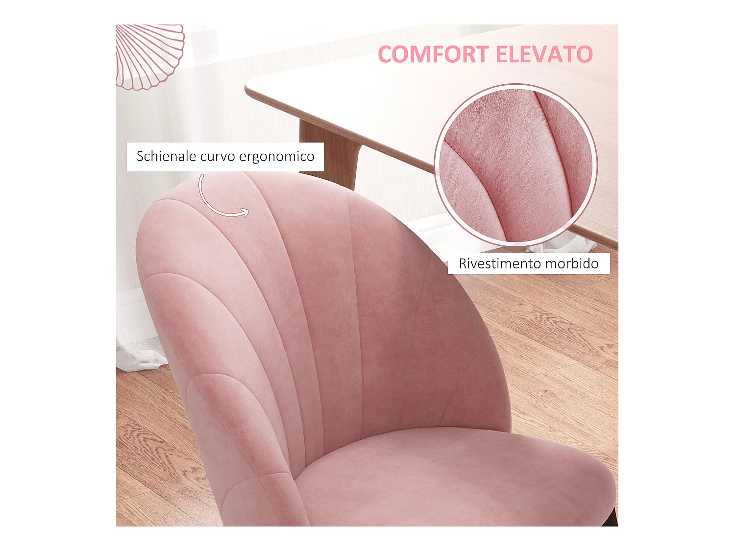 Set 2 sedie da pranzo imbottite stile nordico in velluto rosa