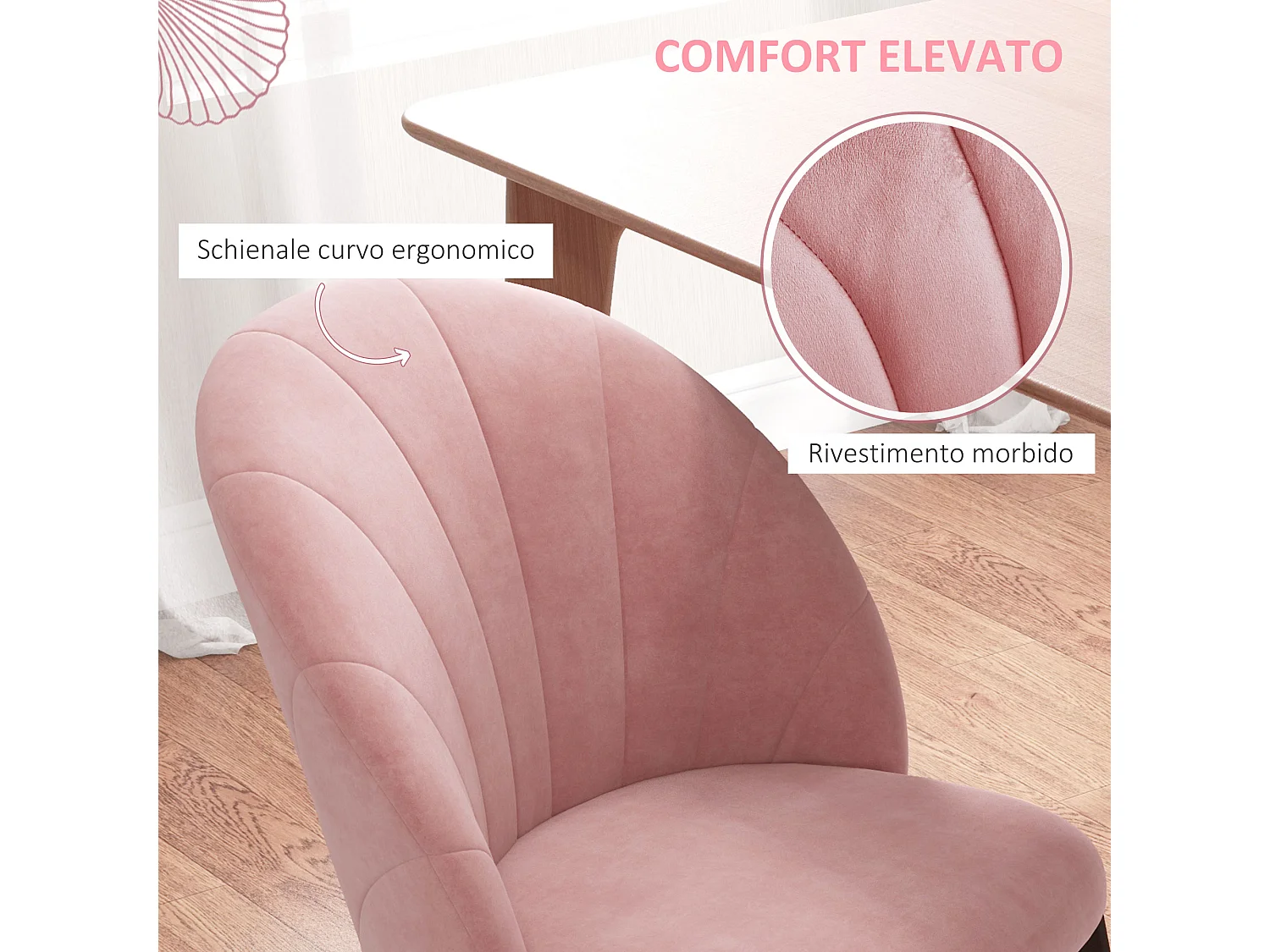 Set 2 sedie da pranzo imbottite stile nordico in velluto rosa
