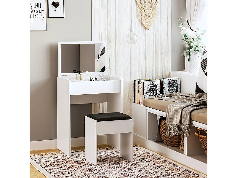 Tavolo da trucco con sgabello e specchio richiudibile in mdf bianco