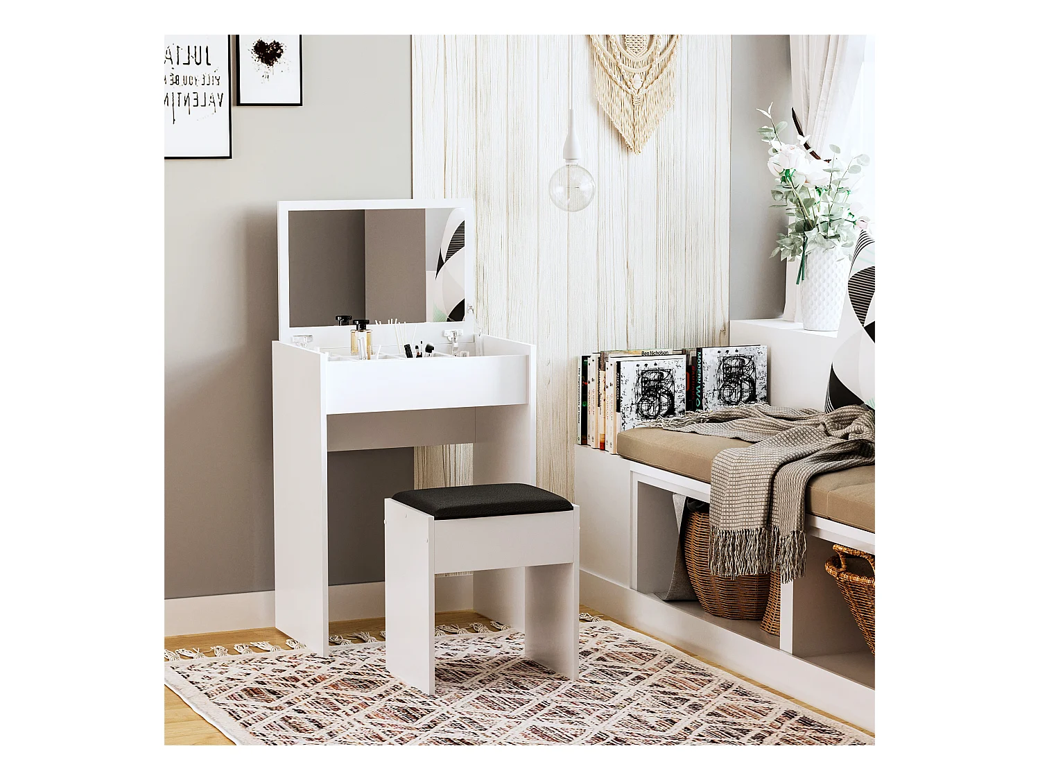 Tavolo da trucco con sgabello e specchio richiudibile in mdf bianco