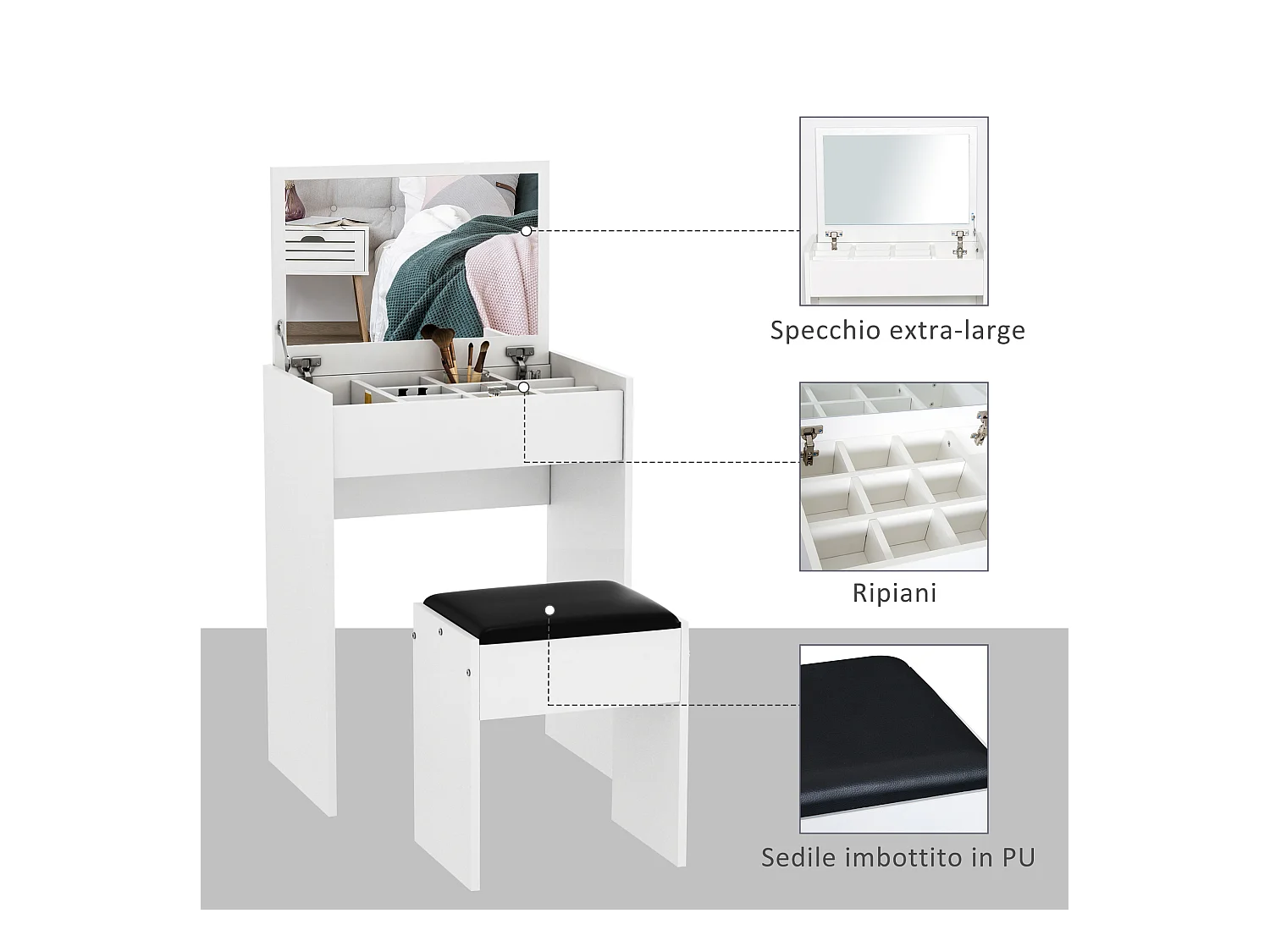 Tavolo da trucco con sgabello e specchio richiudibile in mdf bianco