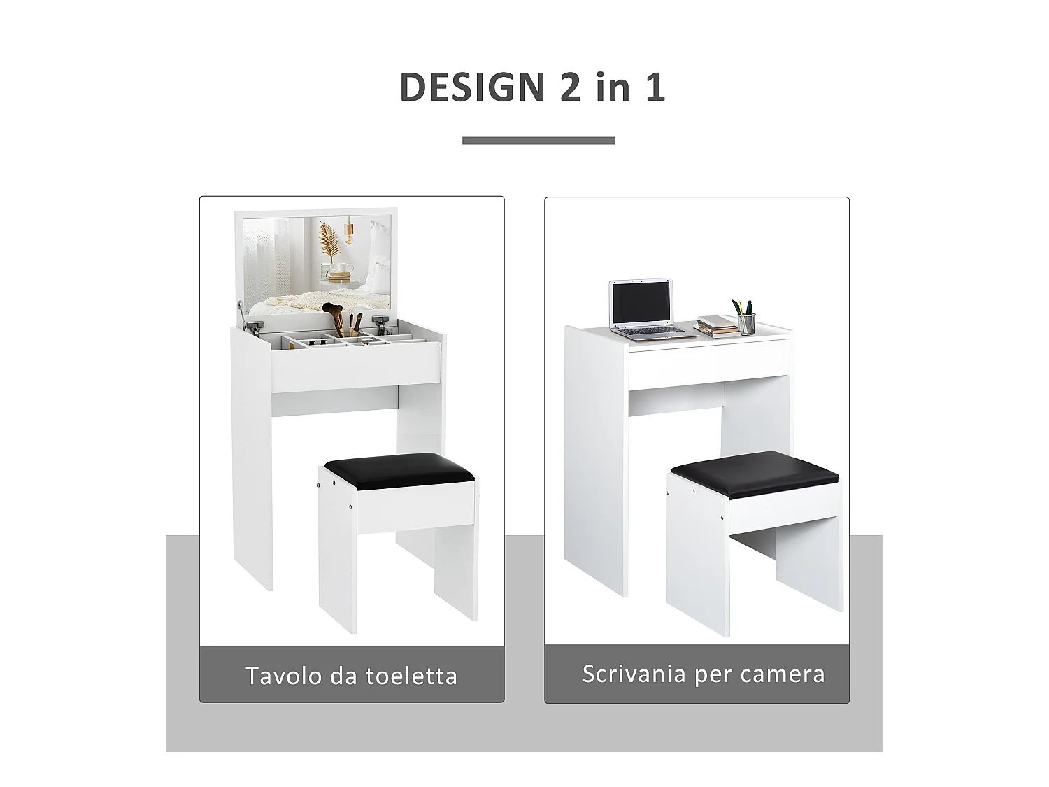 Tavolo da trucco con sgabello e specchio richiudibile in mdf bianco