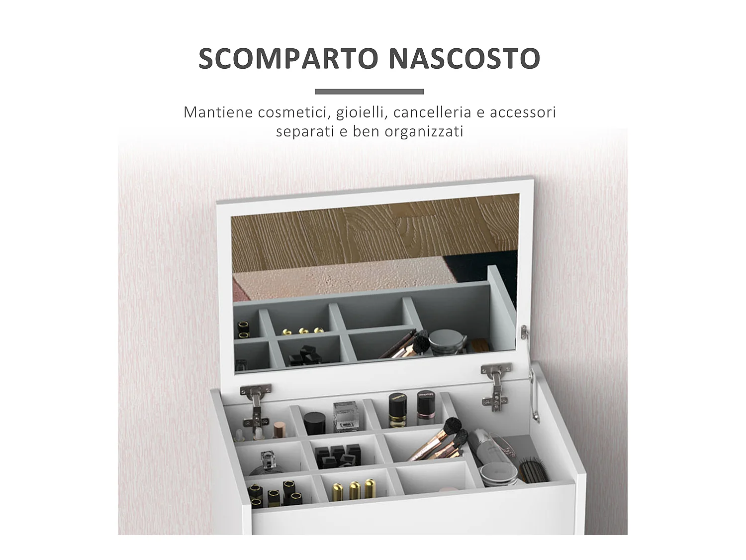 Tavolo da trucco con sgabello e specchio richiudibile in mdf bianco