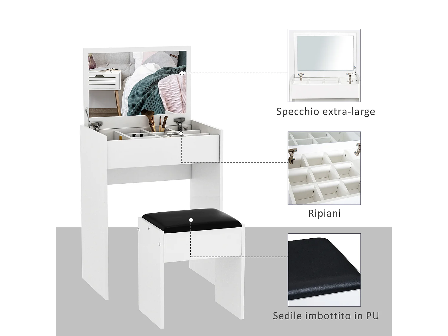 Tavolo da trucco con sgabello e specchio richiudibile in mdf bianco