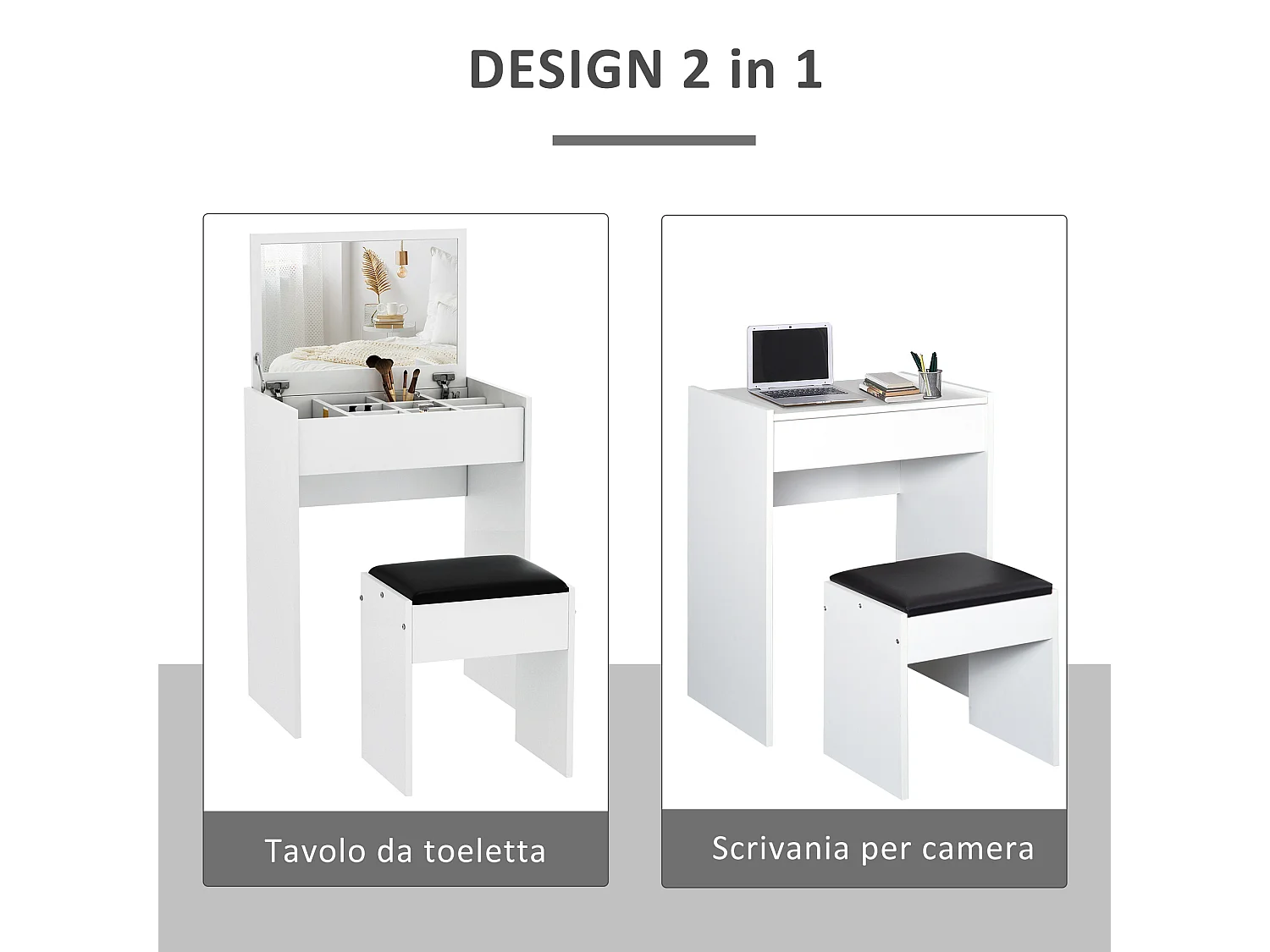 Tavolo da trucco con sgabello e specchio richiudibile in mdf bianco