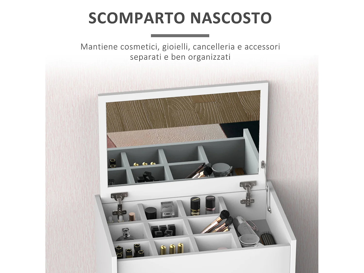 Tavolo da trucco con sgabello e specchio richiudibile in mdf bianco