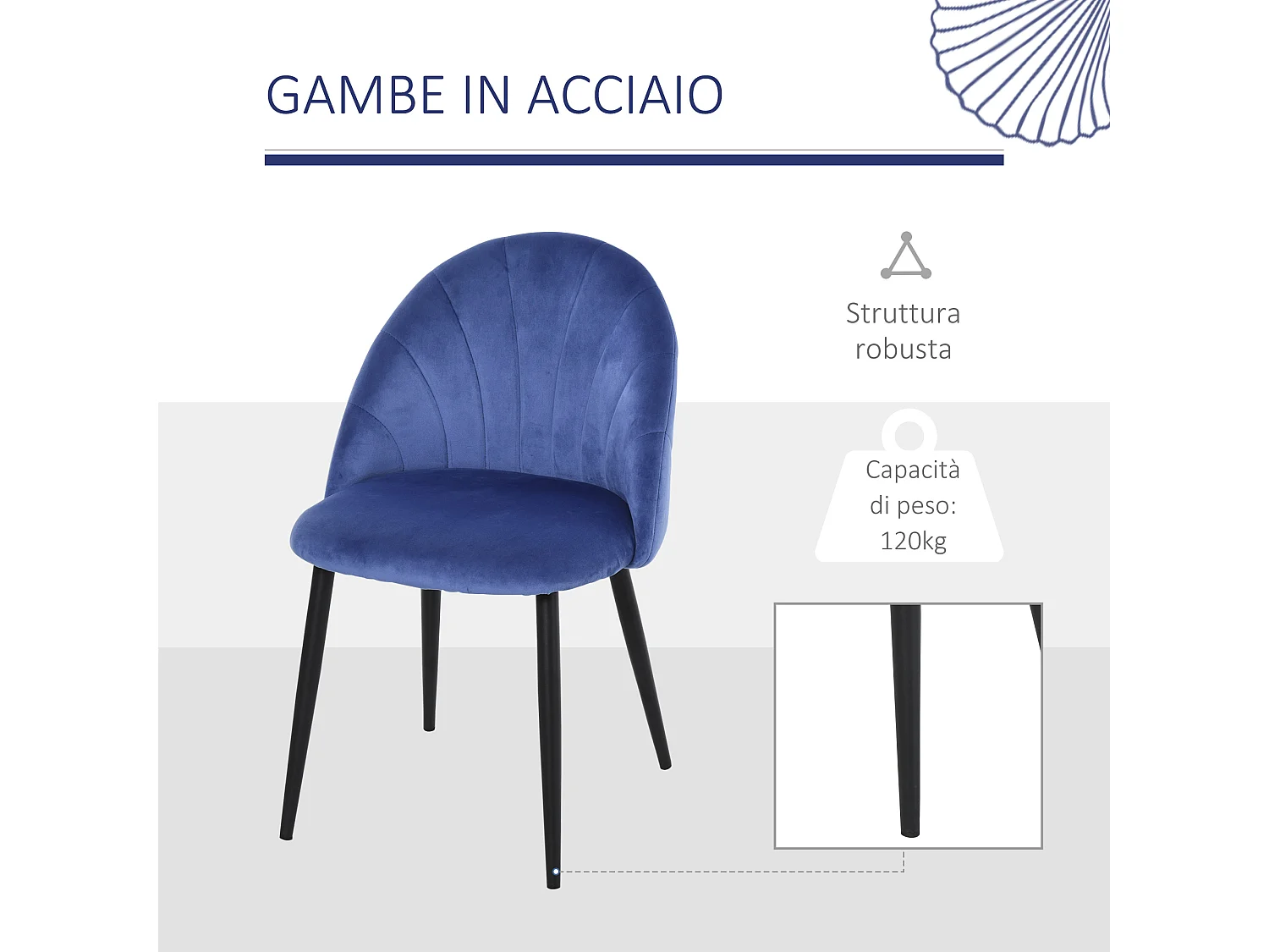 Set 2 sedie da pranzo vellutate in stile nordico 52x54x79 cm blu