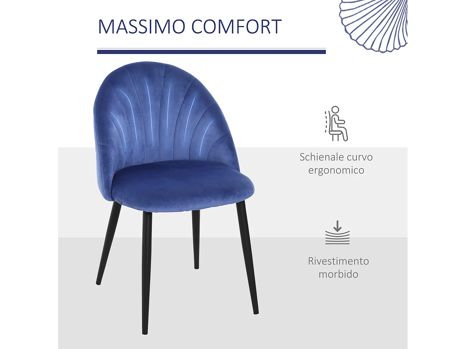 Set 2 sedie da pranzo vellutate in stile nordico 52x54x79 cm blu