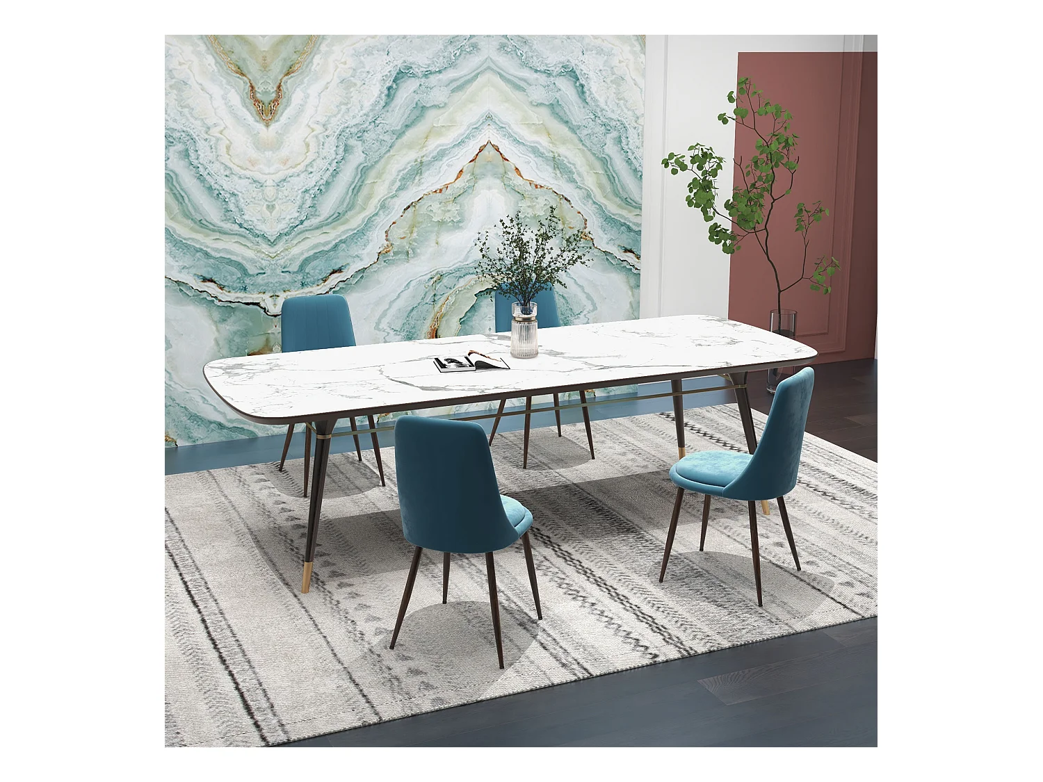 Set 4 sedie da cucina imbottite in poliestere e acciaio blu