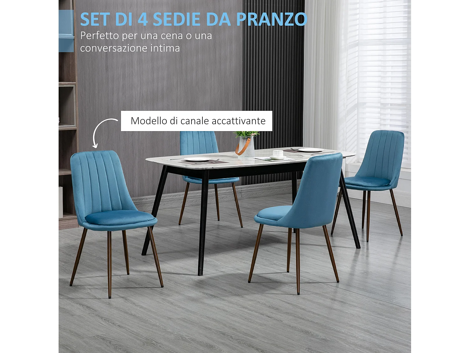 Set 4 sedie da cucina imbottite in poliestere e acciaio blu