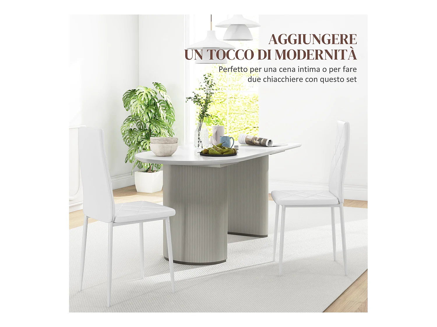 Set 2 sedie da pranzo in finta pelle acciaio con schienale alto bianco