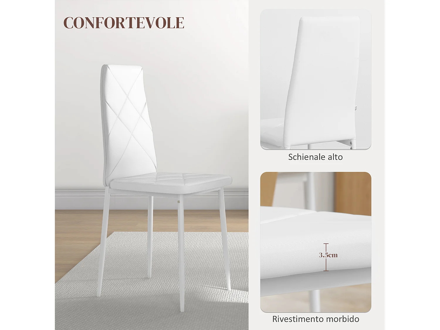 Set 2 sedie da pranzo in finta pelle acciaio con schienale alto bianco