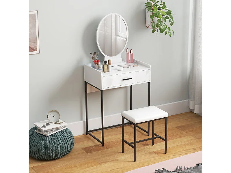 Set toeletta con specchio sgabello imbottito e cassetto bianco