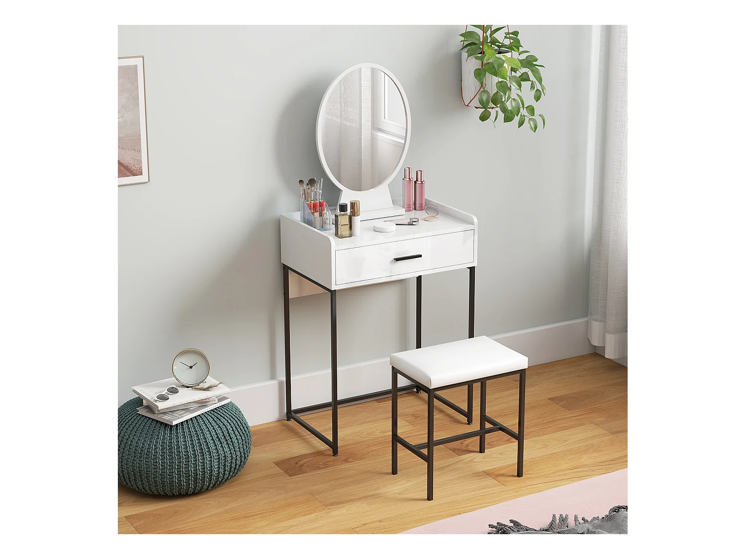 Set toeletta con specchio sgabello imbottito e cassetto bianco