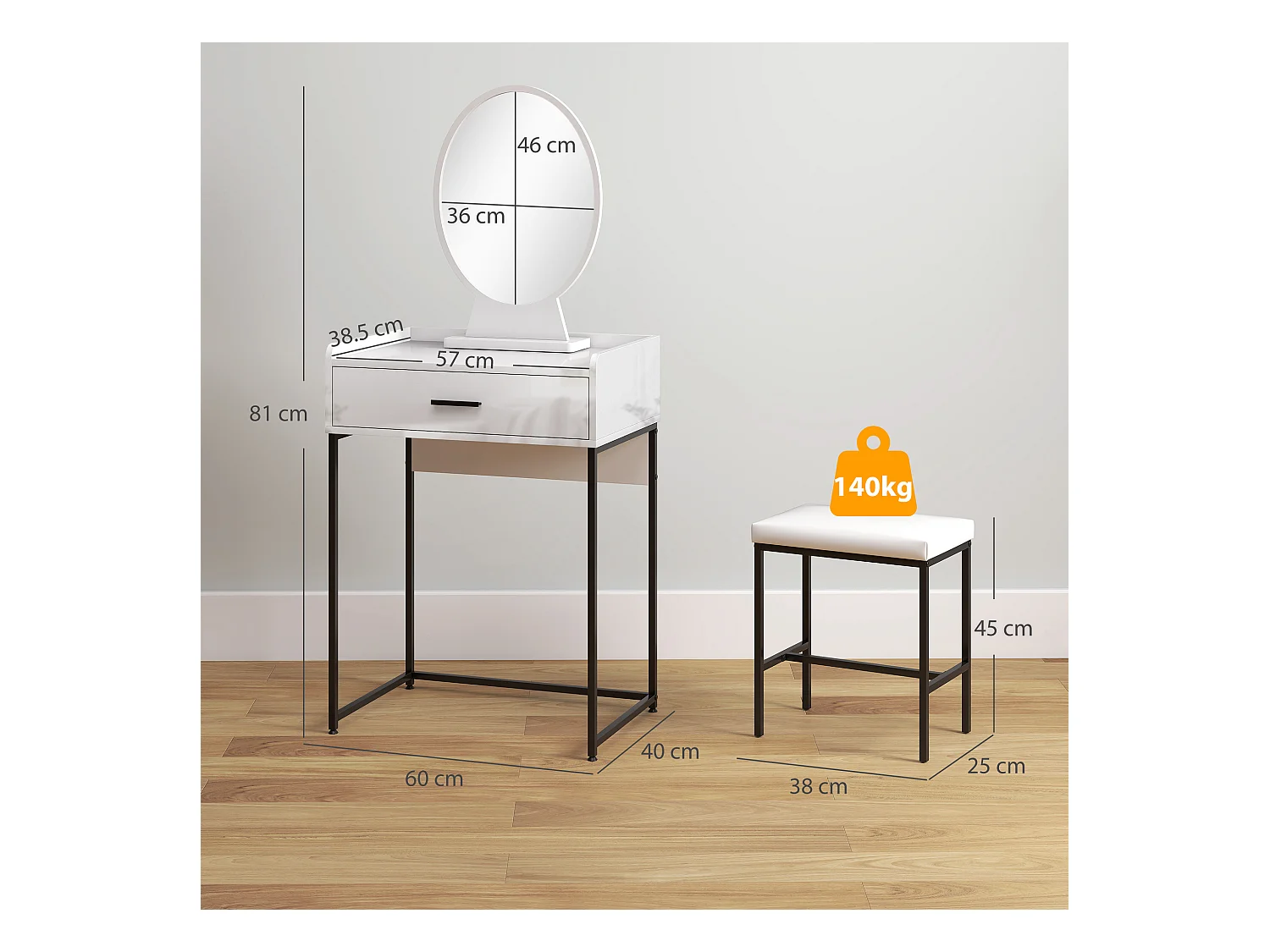 Set toeletta con specchio sgabello imbottito e cassetto bianco