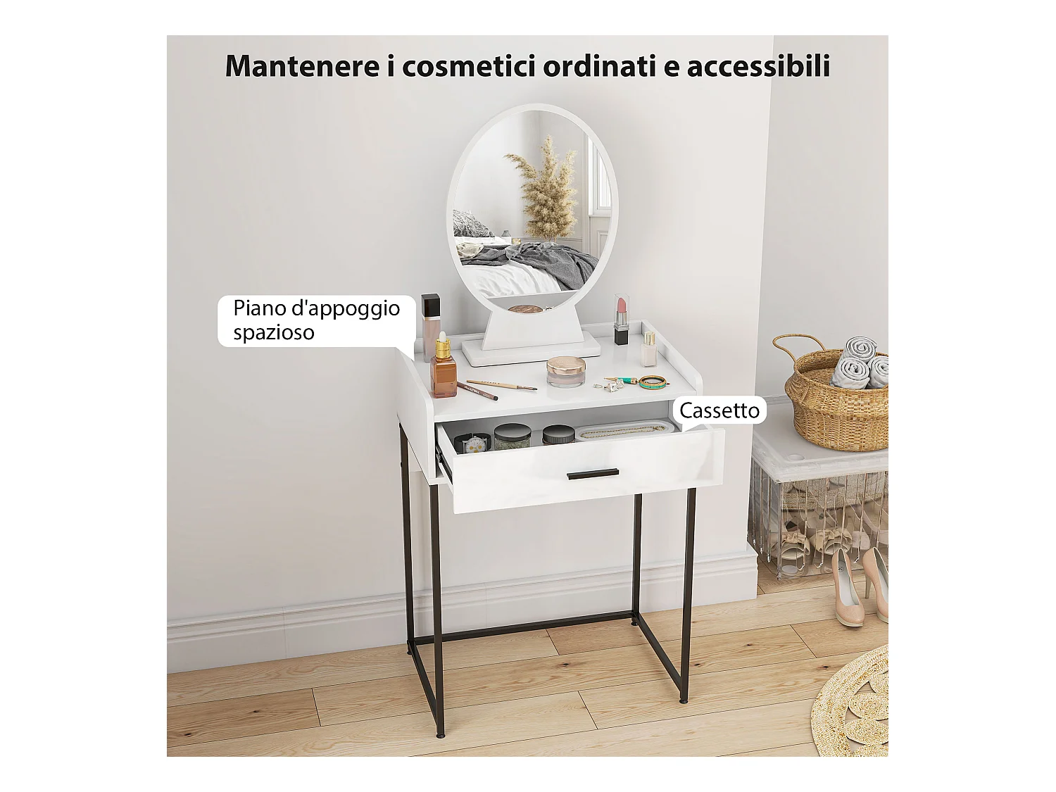 Set toeletta con specchio sgabello imbottito e cassetto bianco