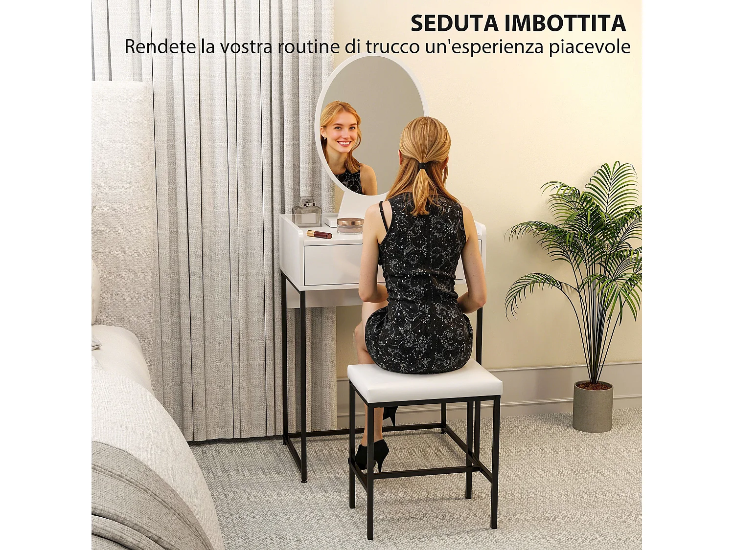 Set toeletta con specchio sgabello imbottito e cassetto bianco