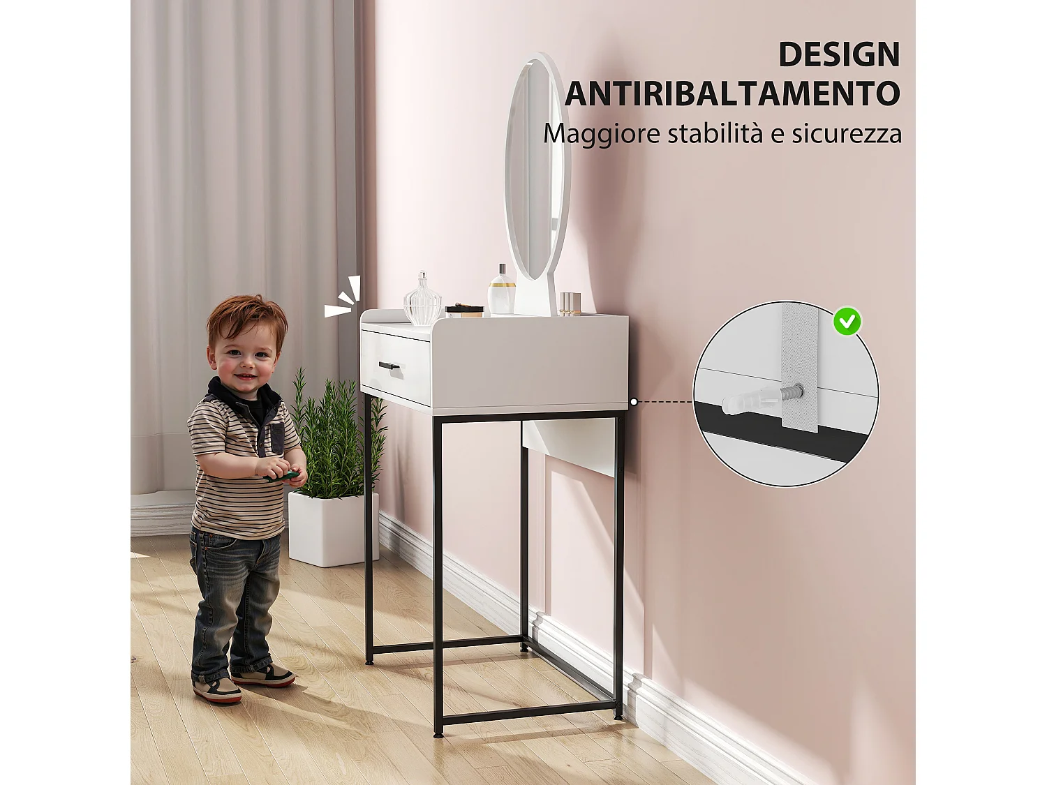 Set toeletta con specchio sgabello imbottito e cassetto bianco