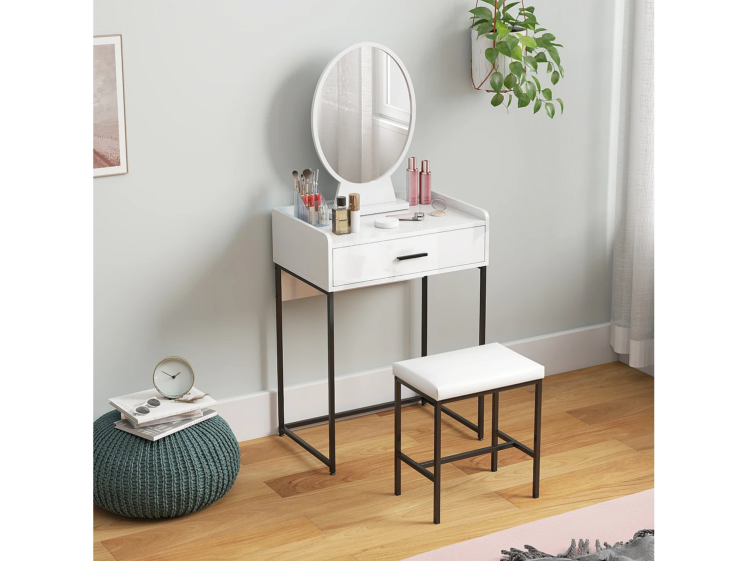 Set toeletta con specchio sgabello imbottito e cassetto bianco