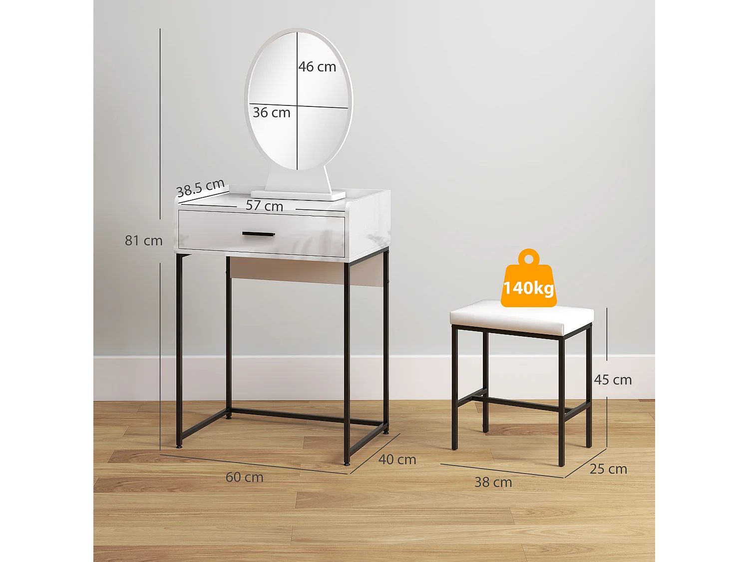 Set toeletta con specchio sgabello imbottito e cassetto bianco