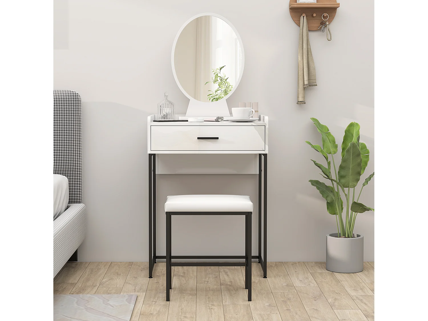 Set toeletta con specchio sgabello imbottito e cassetto bianco