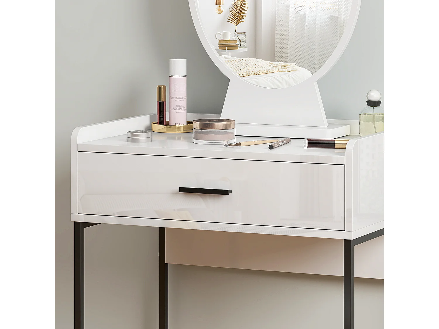 Set toeletta con specchio sgabello imbottito e cassetto bianco