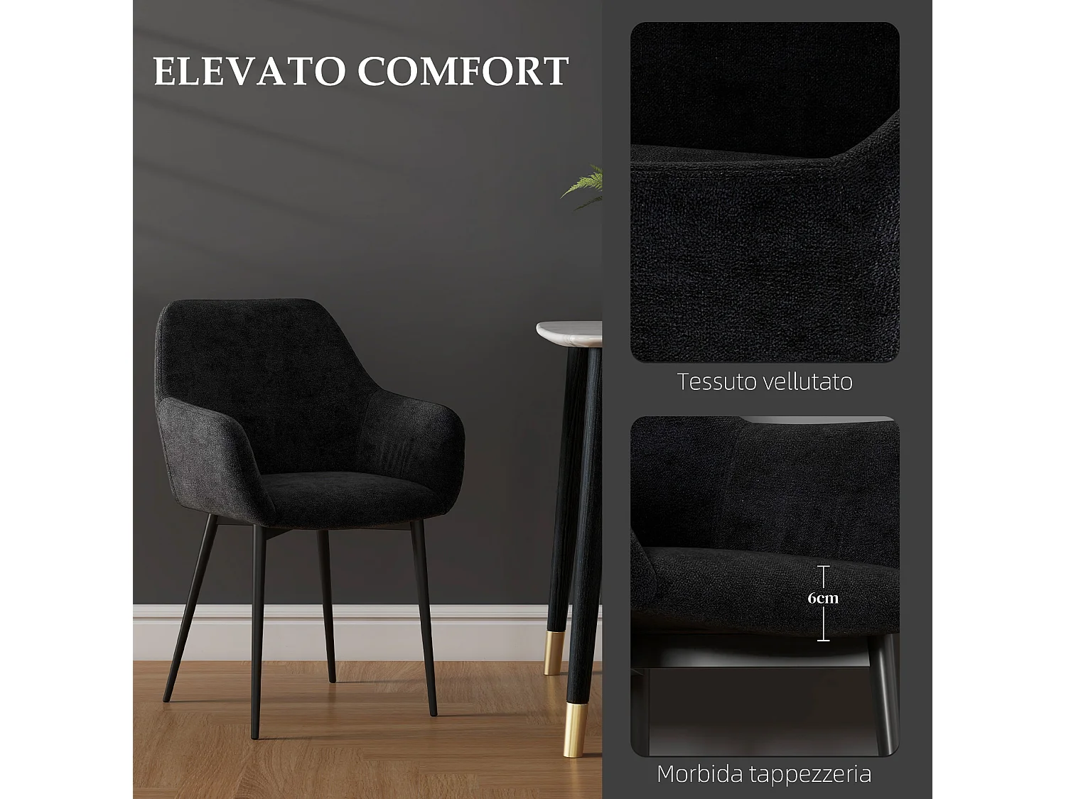 Set 2 sedie per sala da pranzo con braccioli in velluto nero