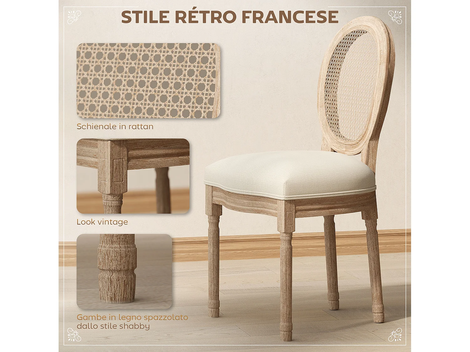 Set 2 sedie soggiorno schienale traforato 49x56x96cm crema