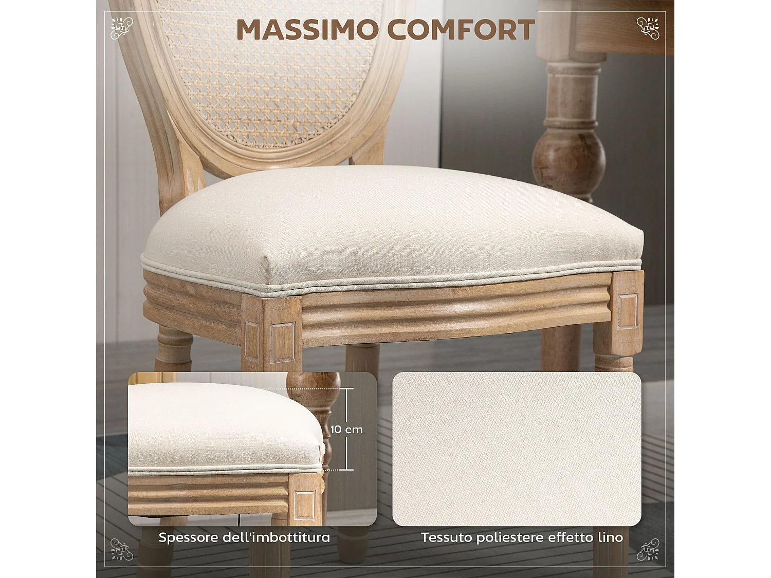 Set 2 sedie soggiorno schienale traforato 49x56x96cm crema