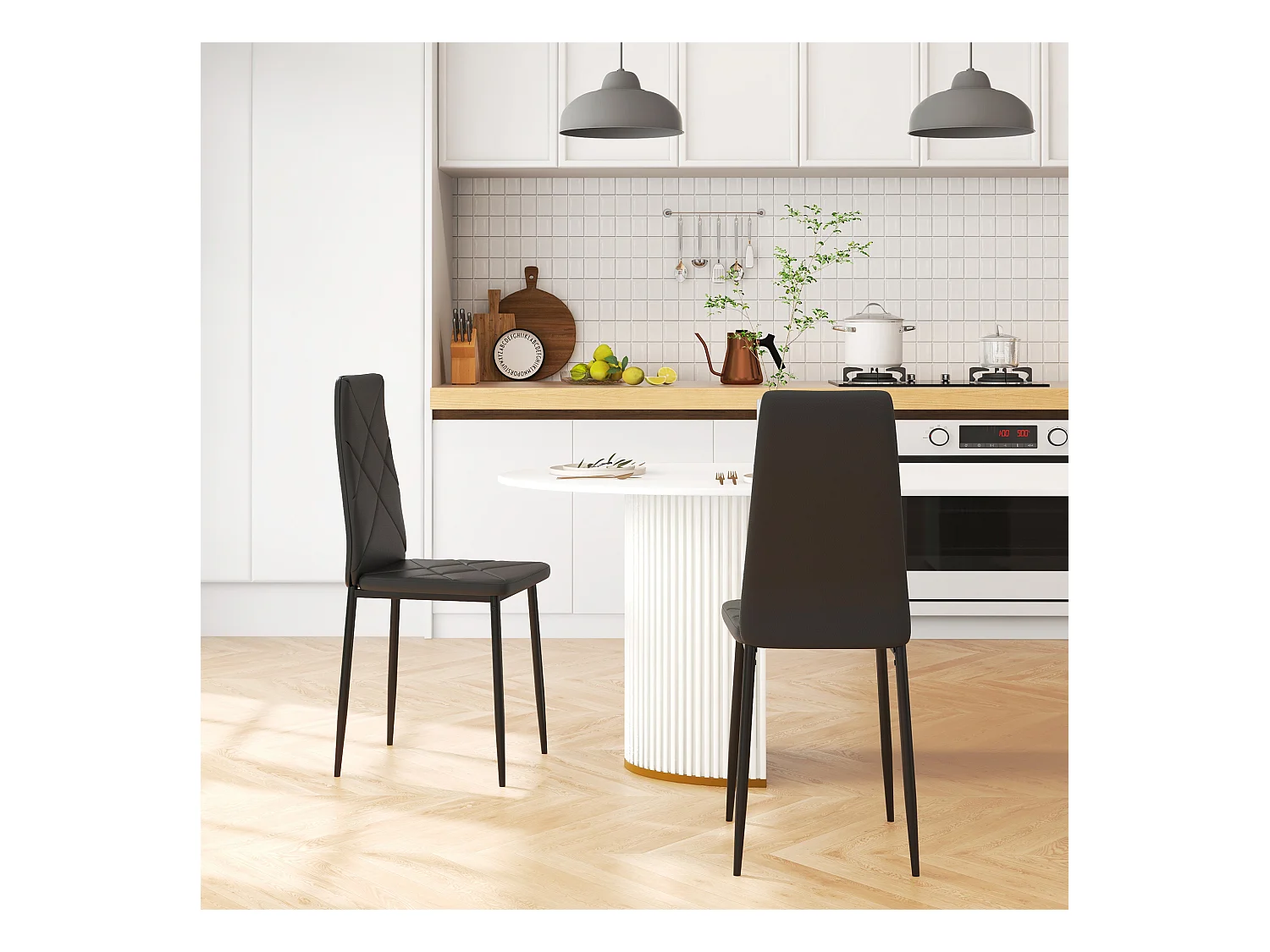 Set 2 sedie da pranzo in finta pelle e acciaio con schienale alto nero