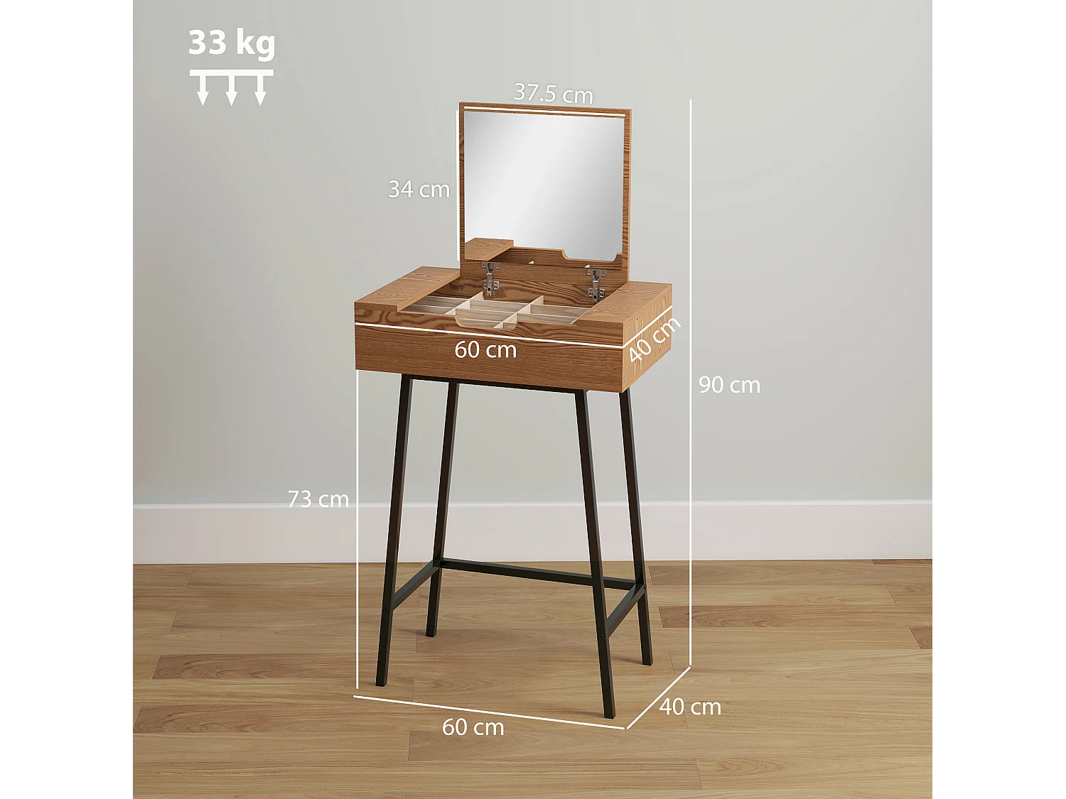 Tavolo trucco con specchio ribaltabile e 16 scomparti legno e acciaio