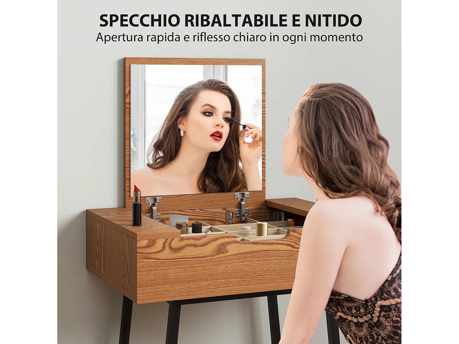 Tavolo trucco con specchio ribaltabile e 16 scomparti legno e acciaio