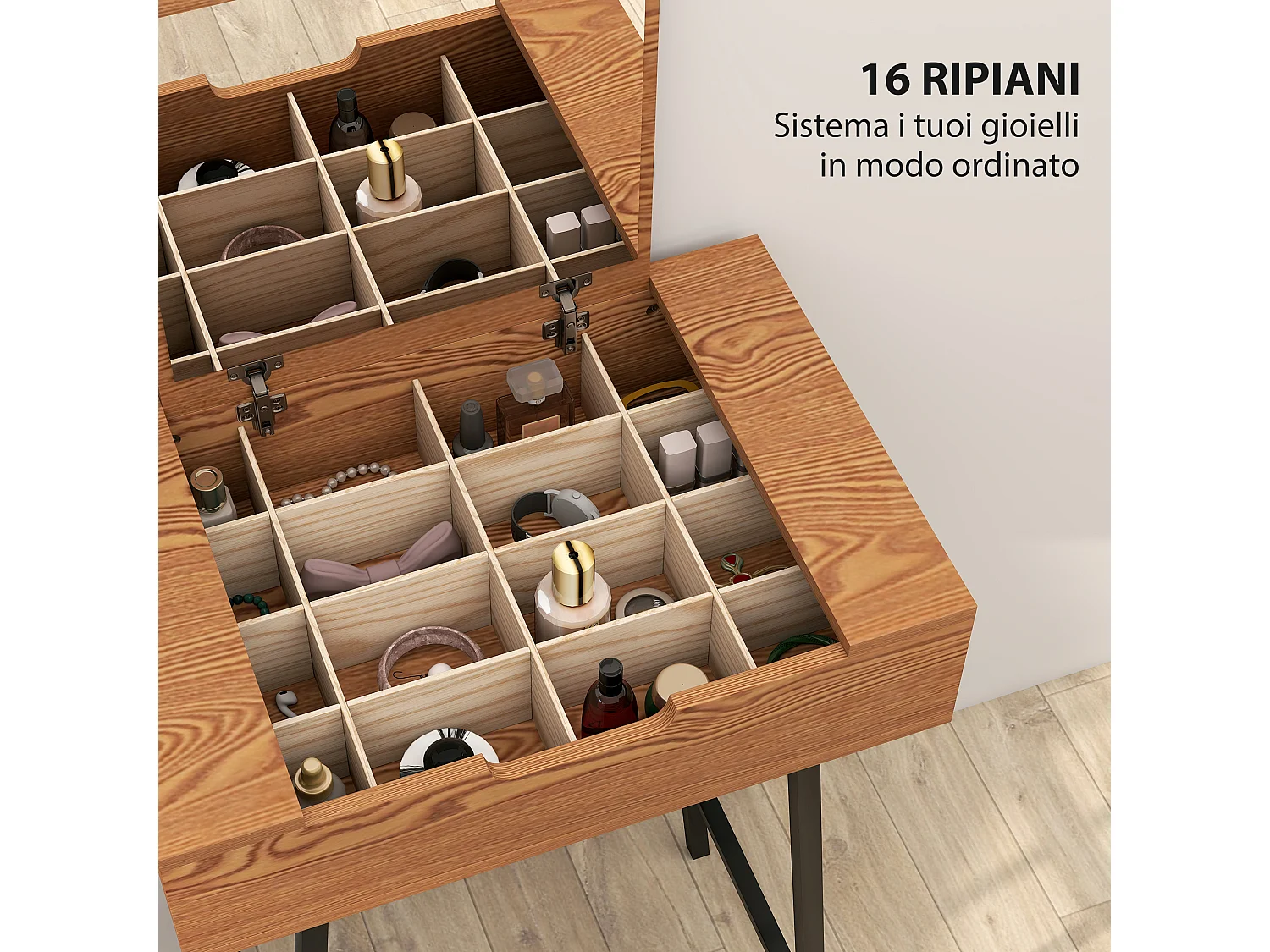 Tavolo trucco con specchio ribaltabile e 16 scomparti legno e acciaio