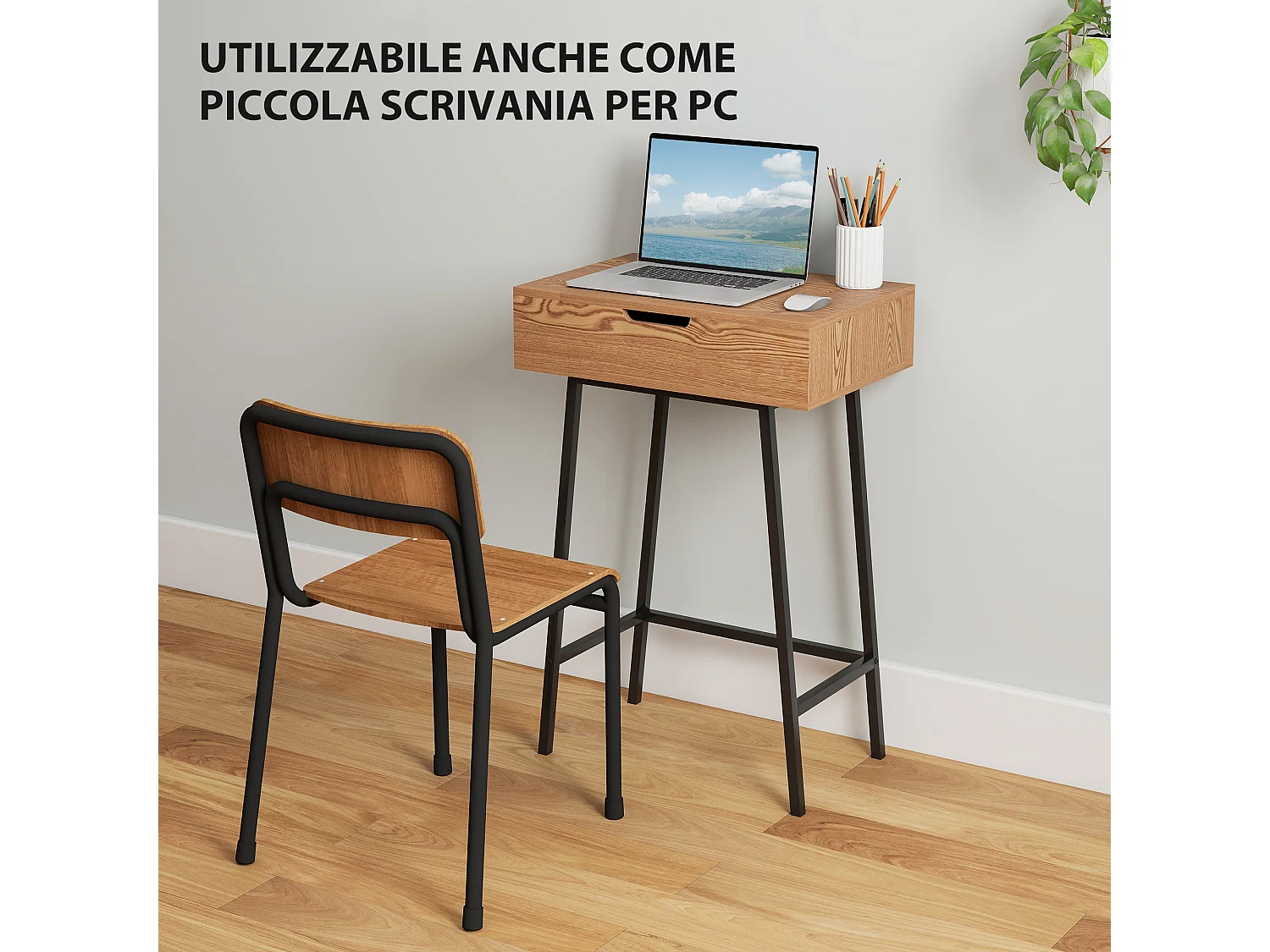 Tavolo trucco con specchio ribaltabile e 16 scomparti legno e acciaio