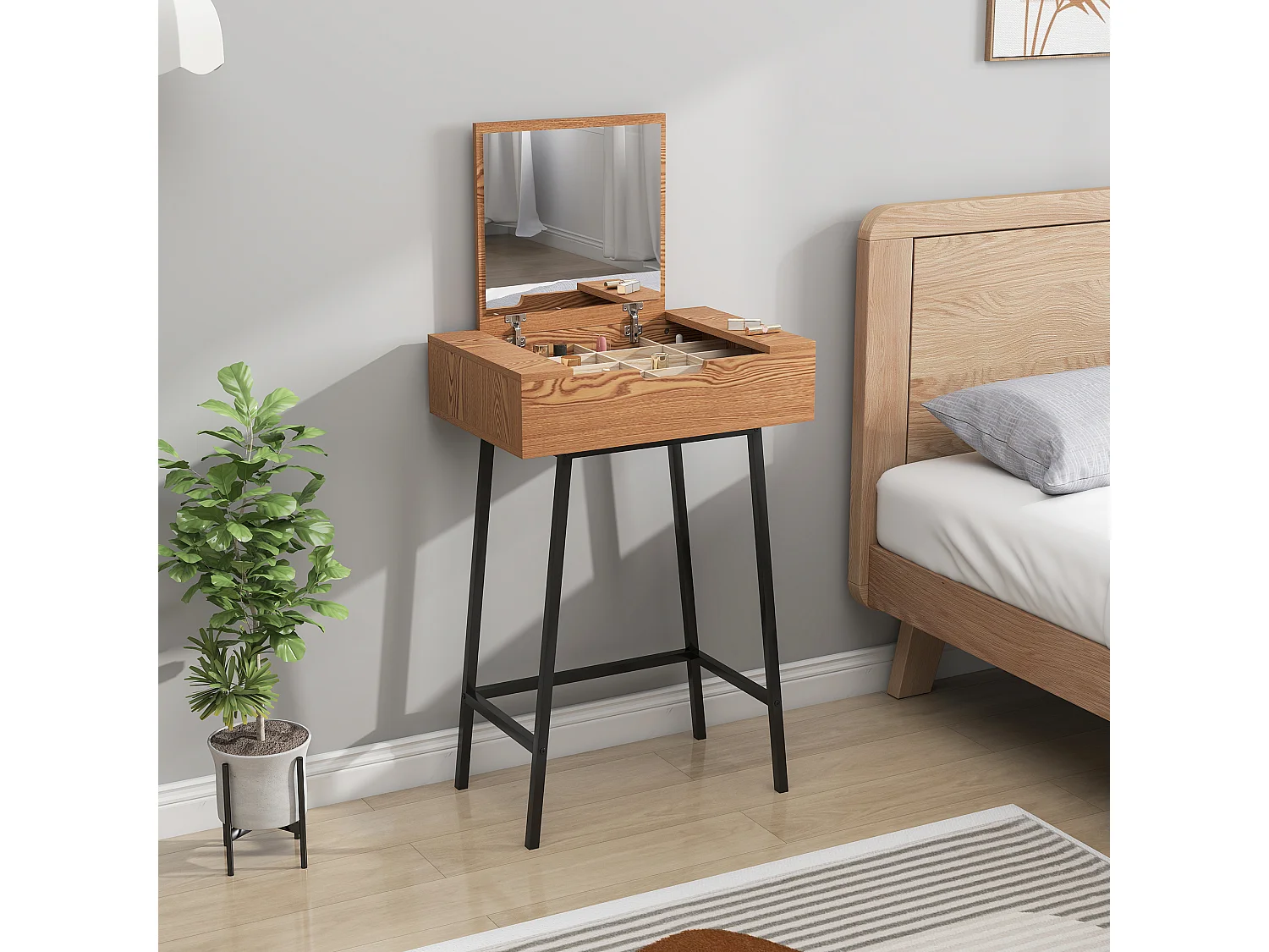 Tavolo trucco con specchio ribaltabile e 16 scomparti legno e acciaio