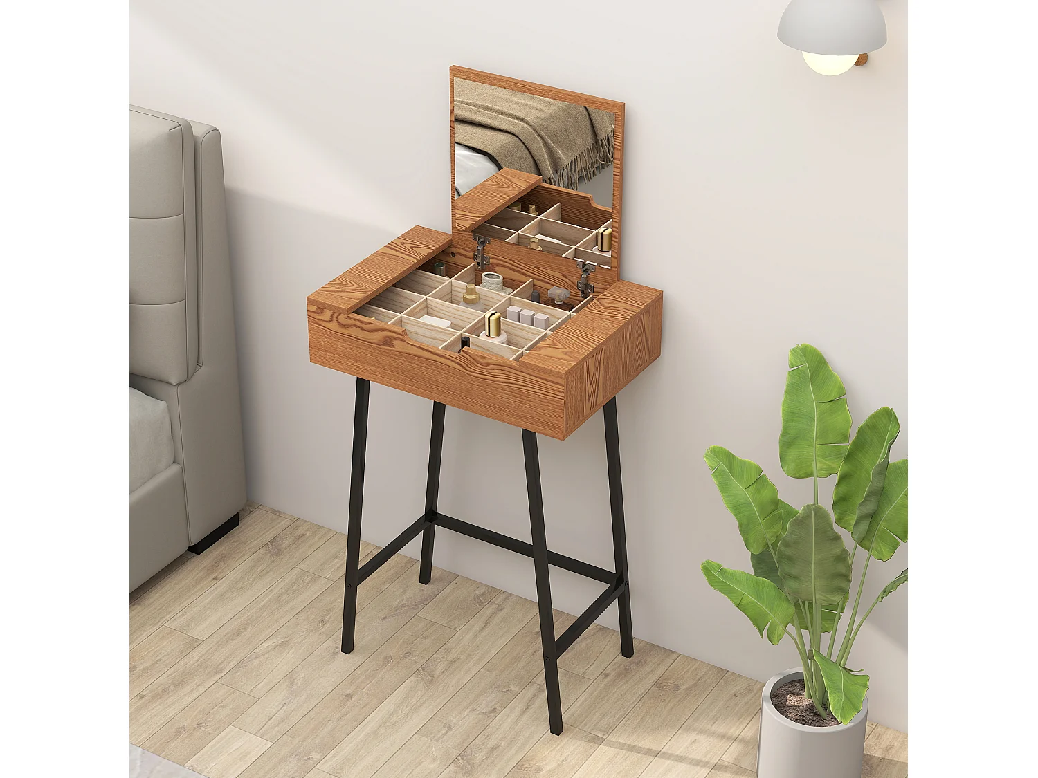 Tavolo trucco con specchio ribaltabile e 16 scomparti legno e acciaio