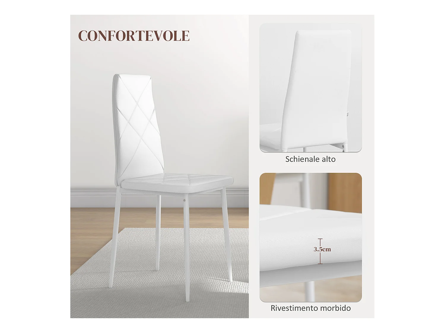 Set 6 sedie da pranzo in finta pelle acciaio con schienale alto bianco