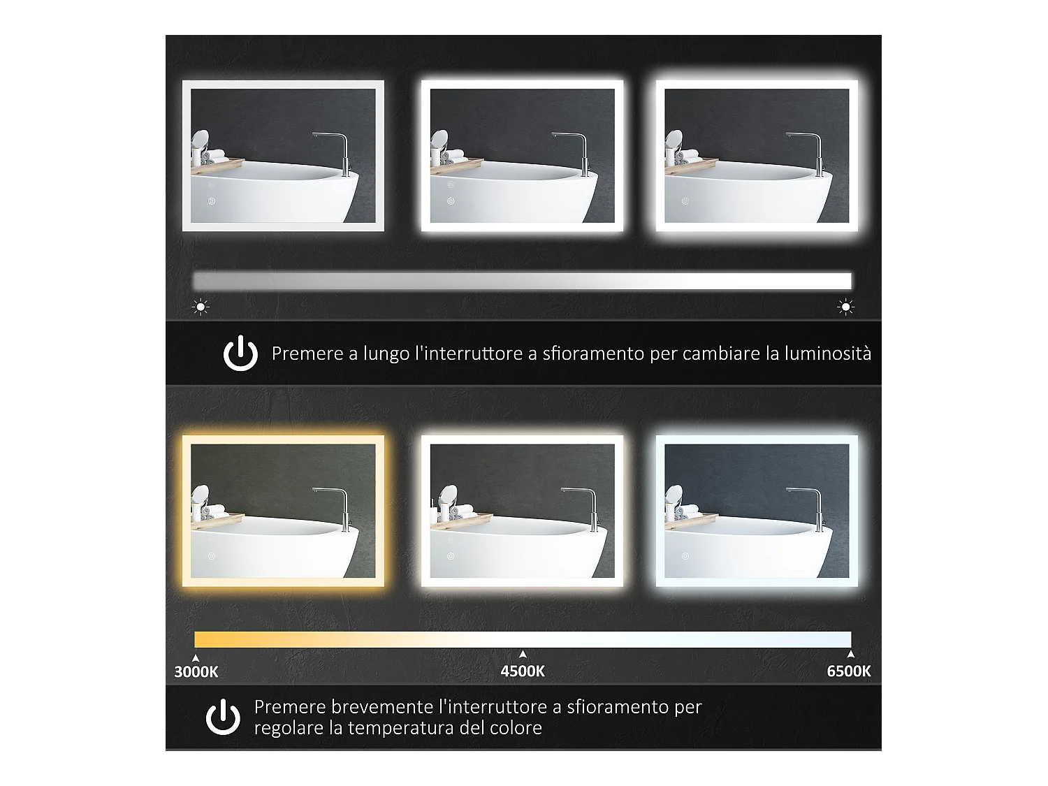 Specchio bagno led a 3 colori in vetro e metallo trasparente