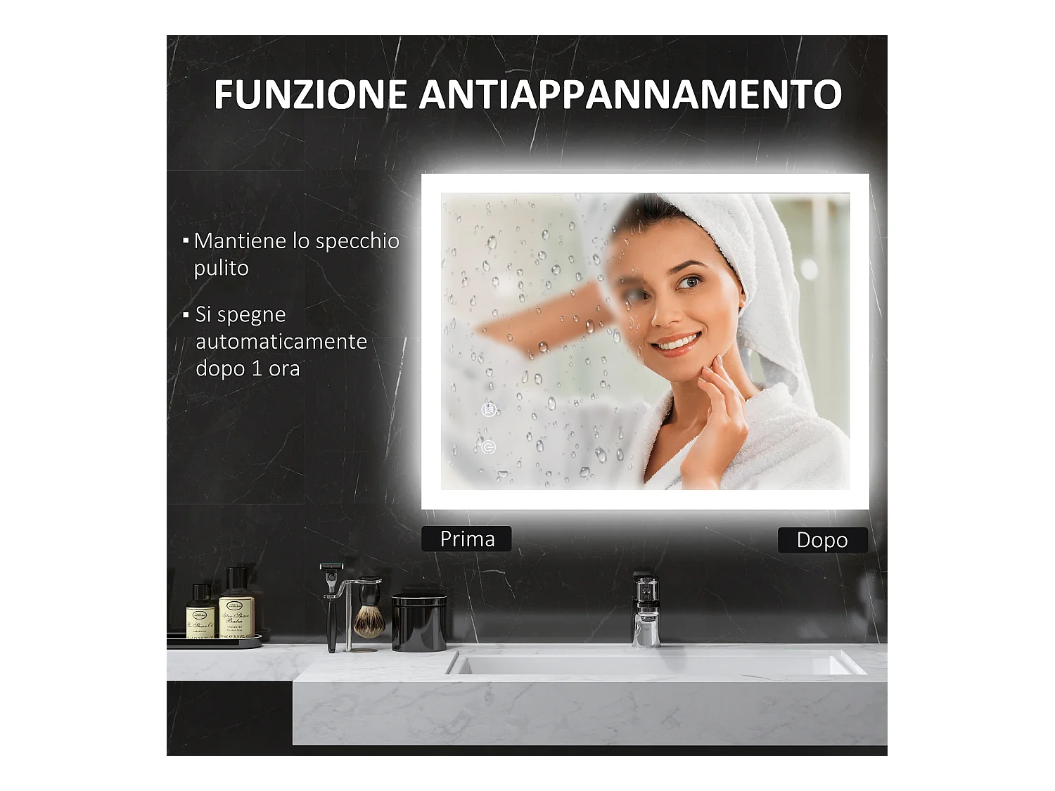 Specchio bagno led a 3 colori in vetro e metallo trasparente