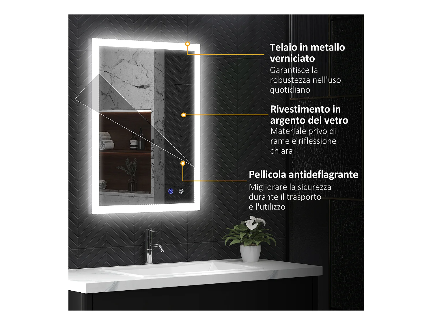 Specchio bagno led a 3 colori in vetro e metallo trasparente