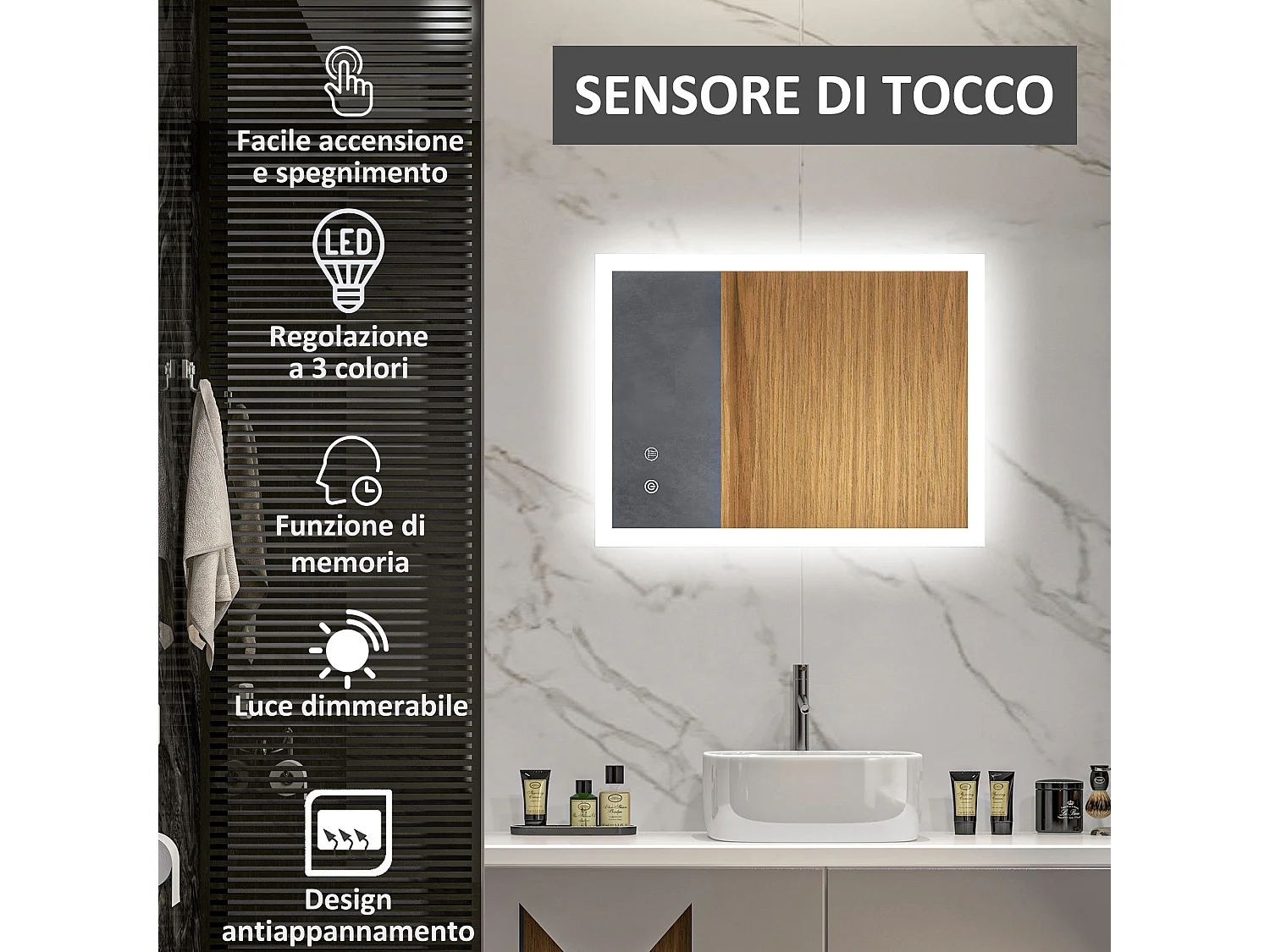 Specchio bagno led a 3 colori in vetro e metallo trasparente