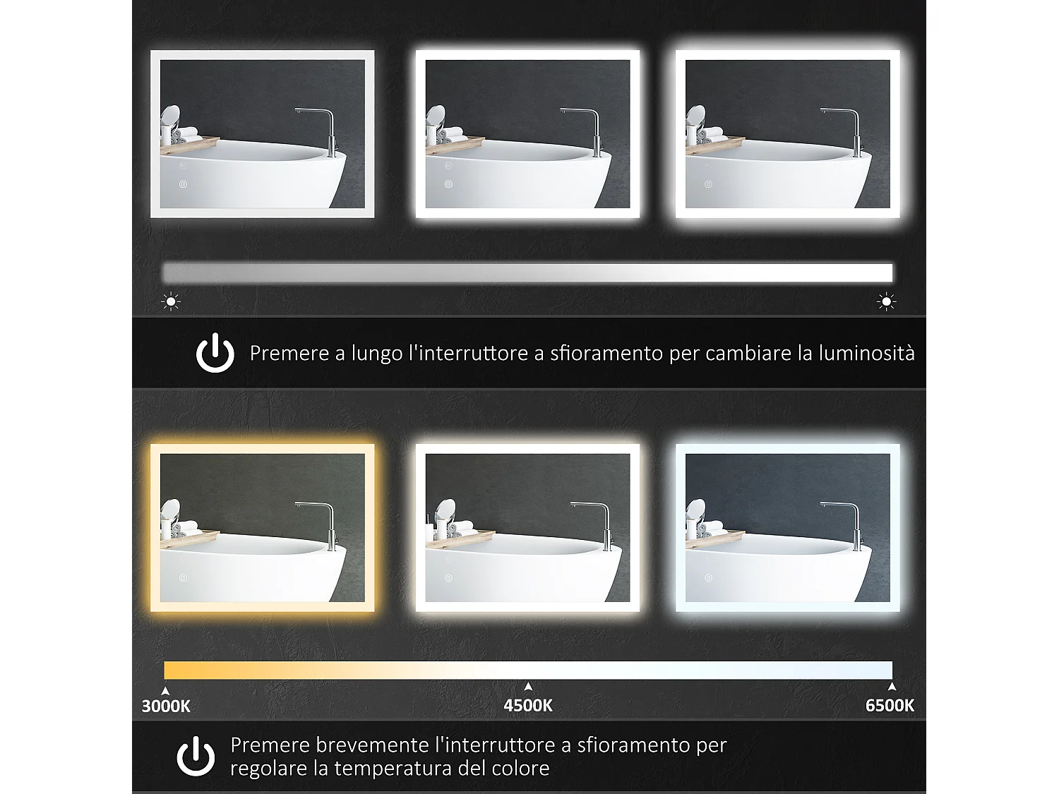 Specchio bagno led a 3 colori in vetro e metallo trasparente