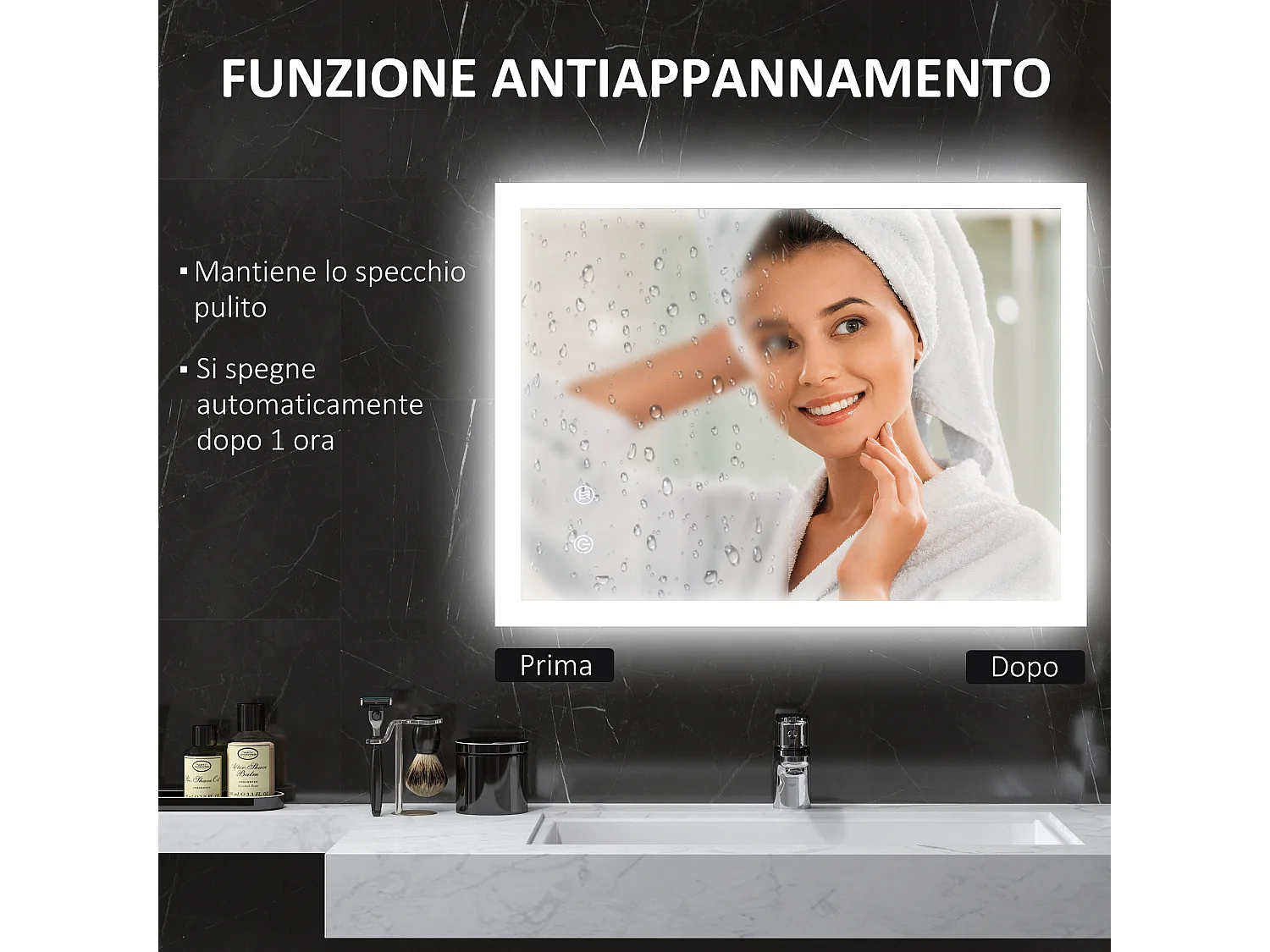 Specchio bagno led a 3 colori in vetro e metallo trasparente