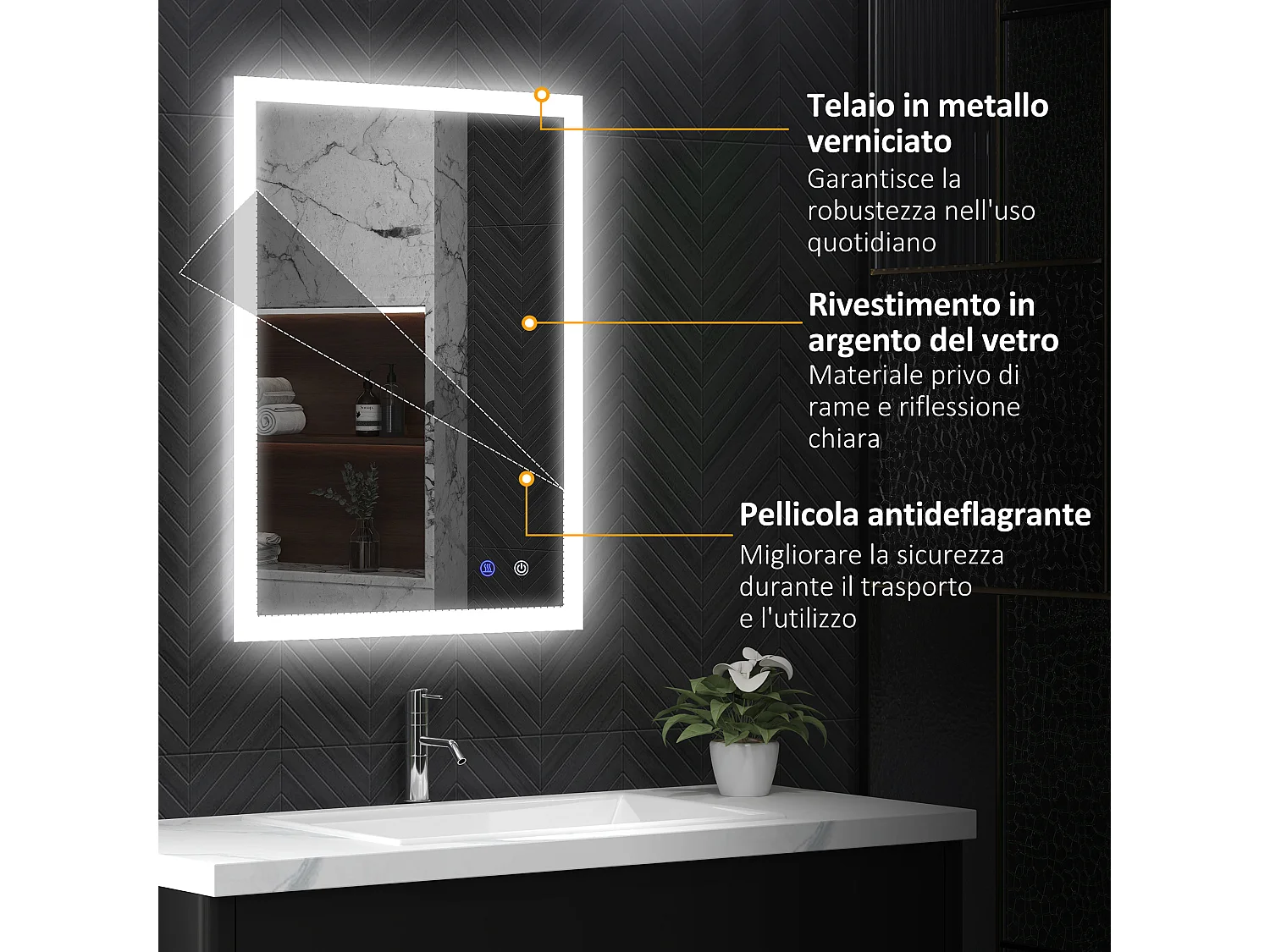 Specchio bagno led a 3 colori in vetro e metallo trasparente