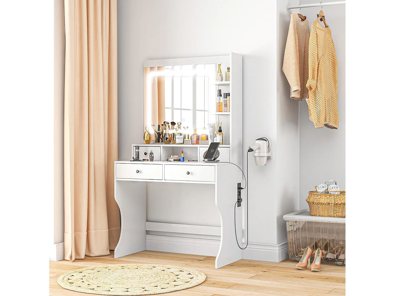 Toeletta trucco con specchio a luci led e 4 cassetti bianco