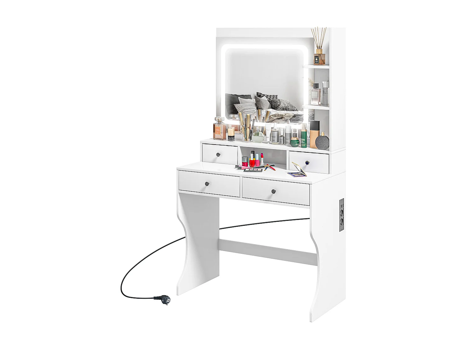 Toeletta trucco con specchio a luci led e 4 cassetti bianco