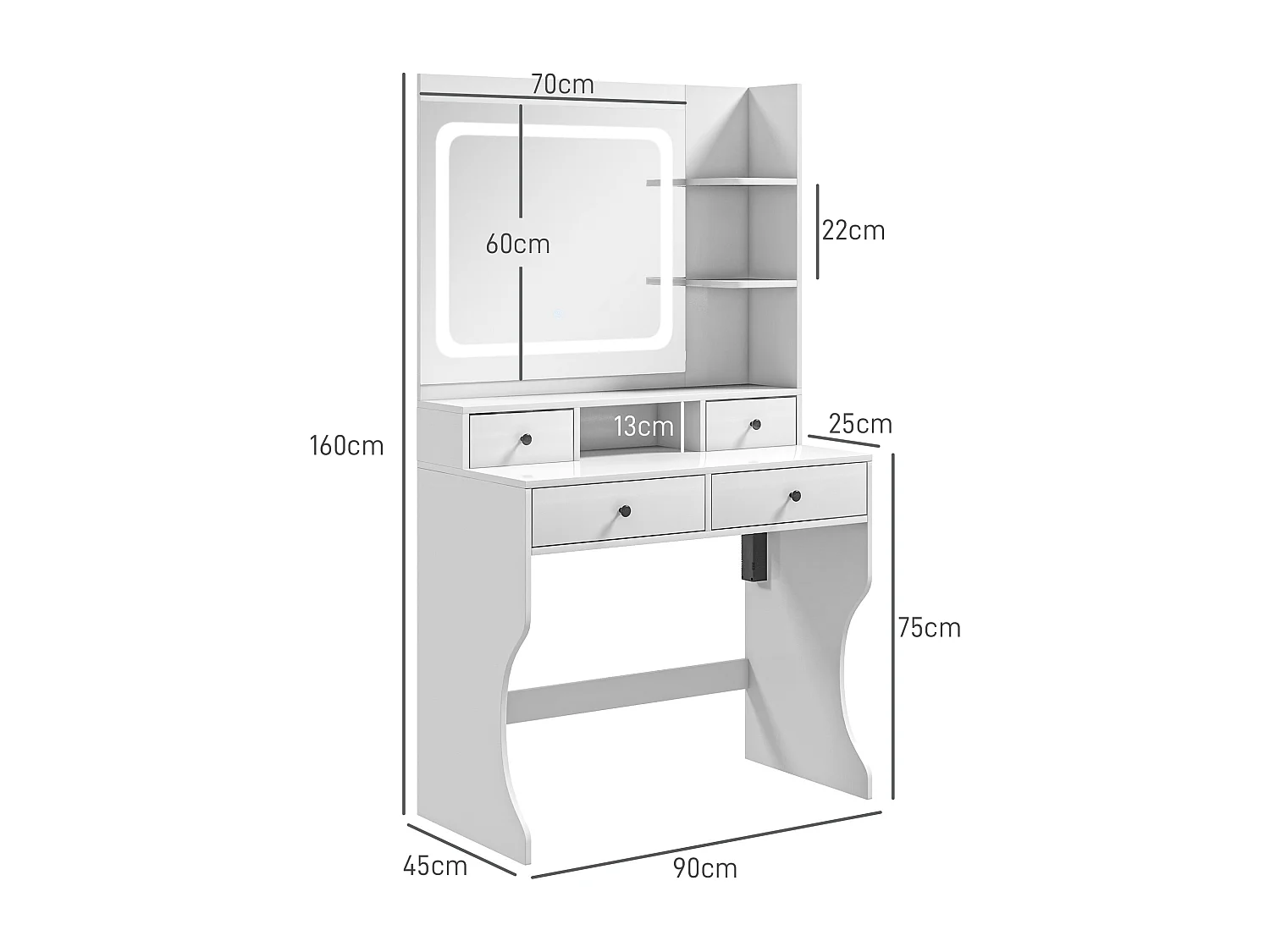 Toeletta trucco con specchio a luci led e 4 cassetti bianco