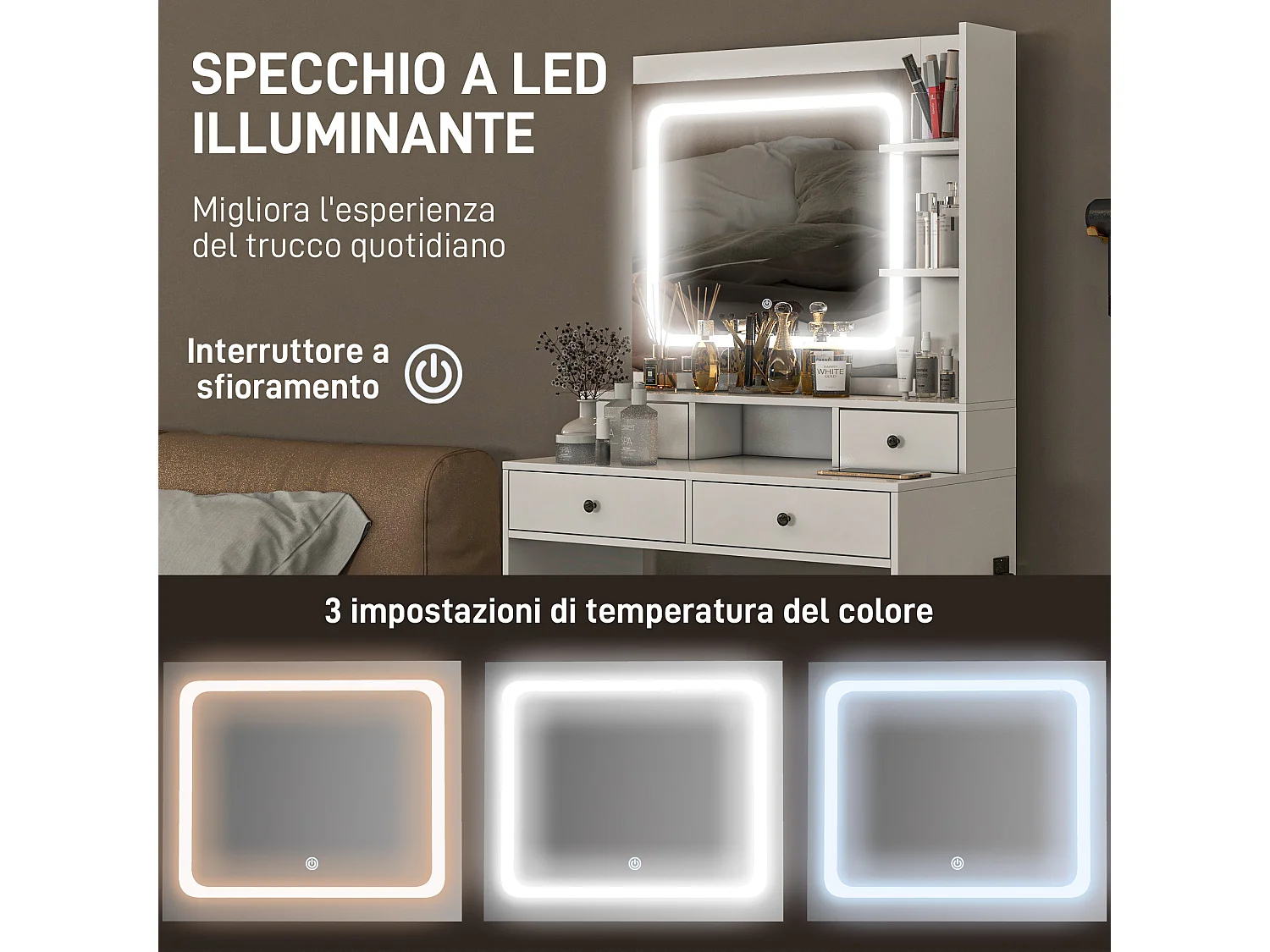 Toeletta trucco con specchio a luci led e 4 cassetti bianco