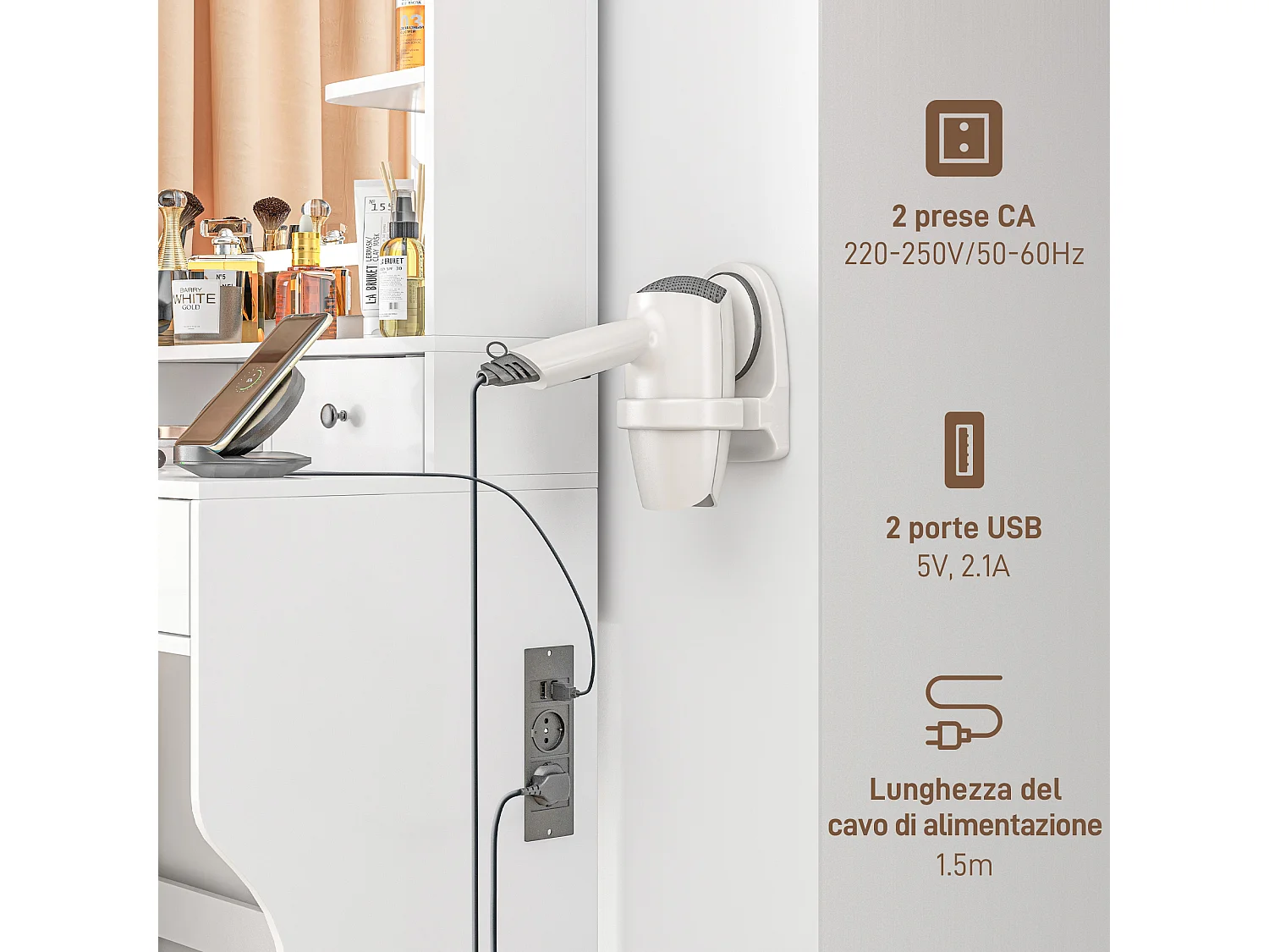 Toeletta trucco con specchio a luci led e 4 cassetti bianco